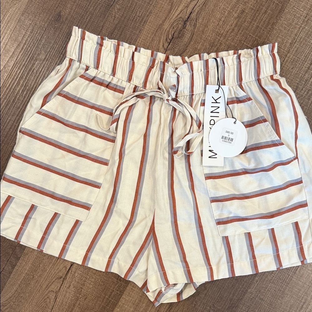 MINKPINK High Waist Striped Shorts - Cream and Brown